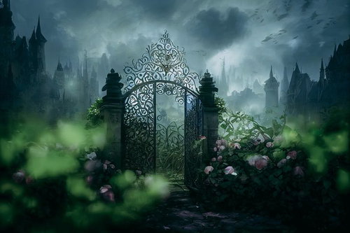 装飾的な鉄門と石柱に囲まれた薄暗い庭園の小道