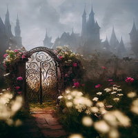 城塞を望む花園の妖精の門へ続く小道と装飾的なアーチの写真