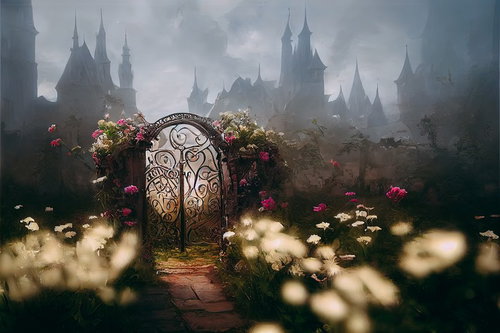 城塞を望む花園の妖精の門へ続く小道と装飾的なアーチ