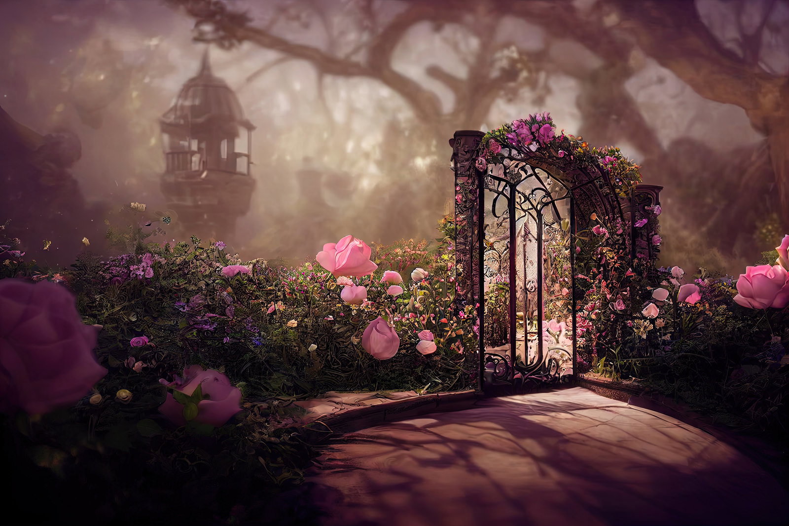 ピンク色の薔薇とアーチゲートで彩られたファンタジー風の庭園風景