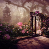 ピンク色のバラが咲き誇る妖精の門と石造りの小道の写真