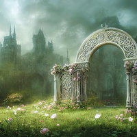 異世界の城へと続く妖精の門と花咲く庭園の幻想的な風景の写真