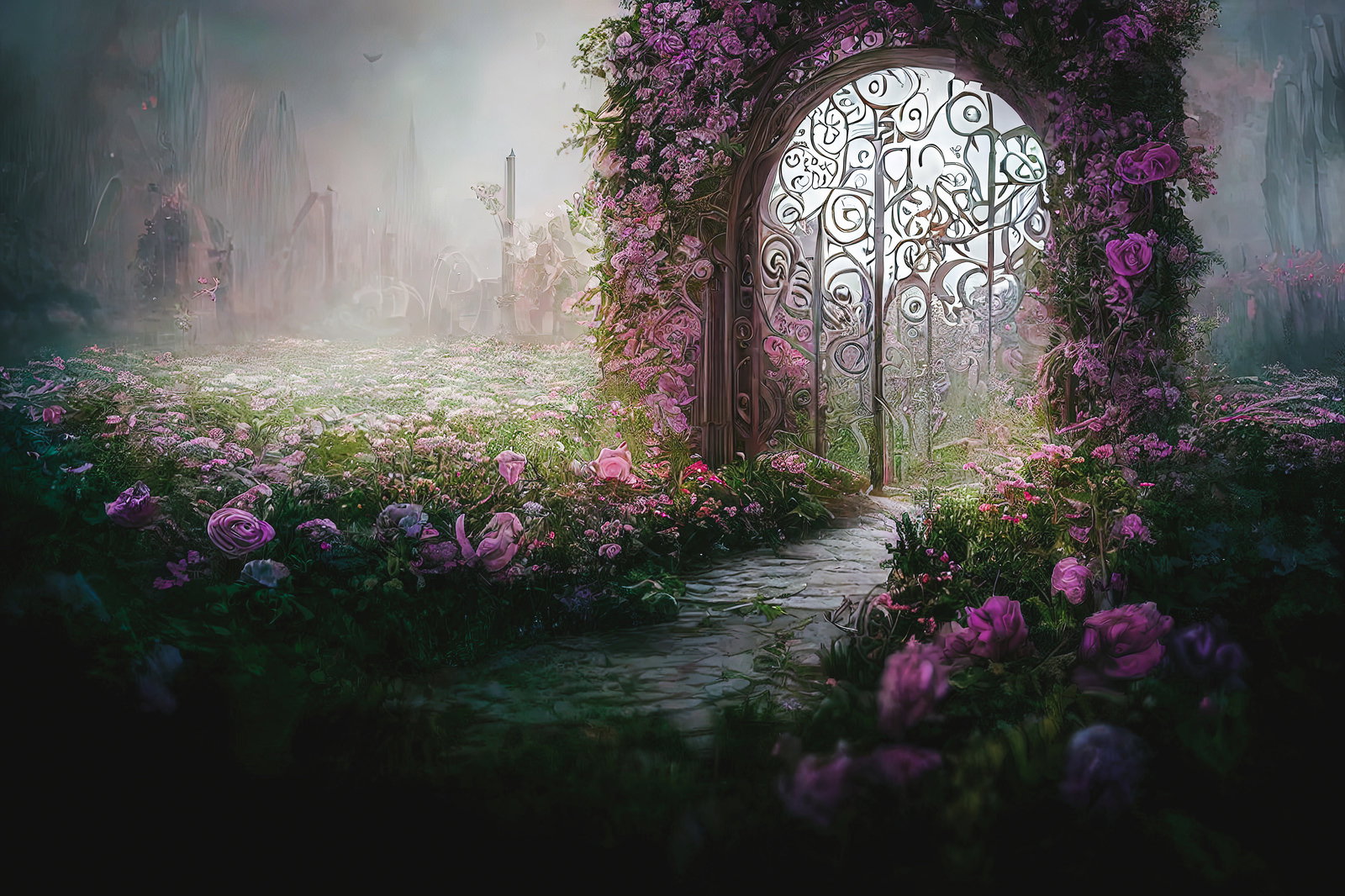紫色の花に囲まれた装飾的なファンタジー風の門扉