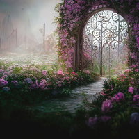 紫色の花に囲まれたファンタジー風のゲートのAI画像