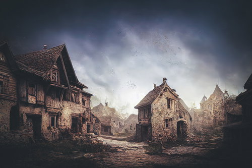 見捨てられた廃村の石造り集落、倒壊した建物跡が点在する不気味な世紀末風景