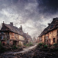 歪な石造りの家が建ち並ぶ廃村の荒涼とした風景の写真