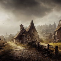 歪な家が建ち並ぶ廃村の写真