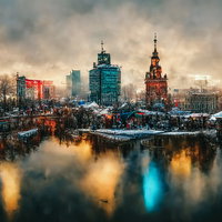 人であふれる夜景に染まるマーケットの水辺風景の写真