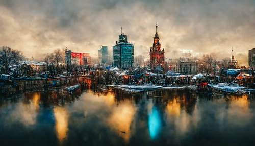 人であふれる夜景に染まるマーケットの水辺風景