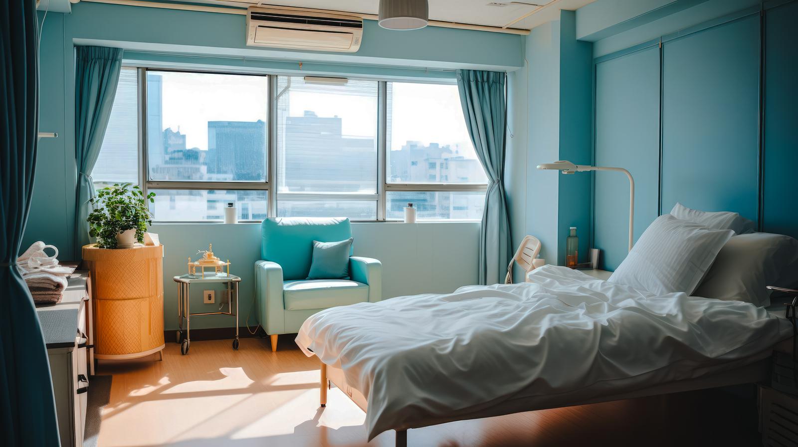 ターコイズブルーの壁のビジネスホテル客室。ベッドの先に高層ビル群が見える窓がある