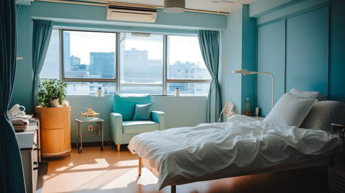 ターコイズブルーの壁が印象的な少し狭いビジネスホテル