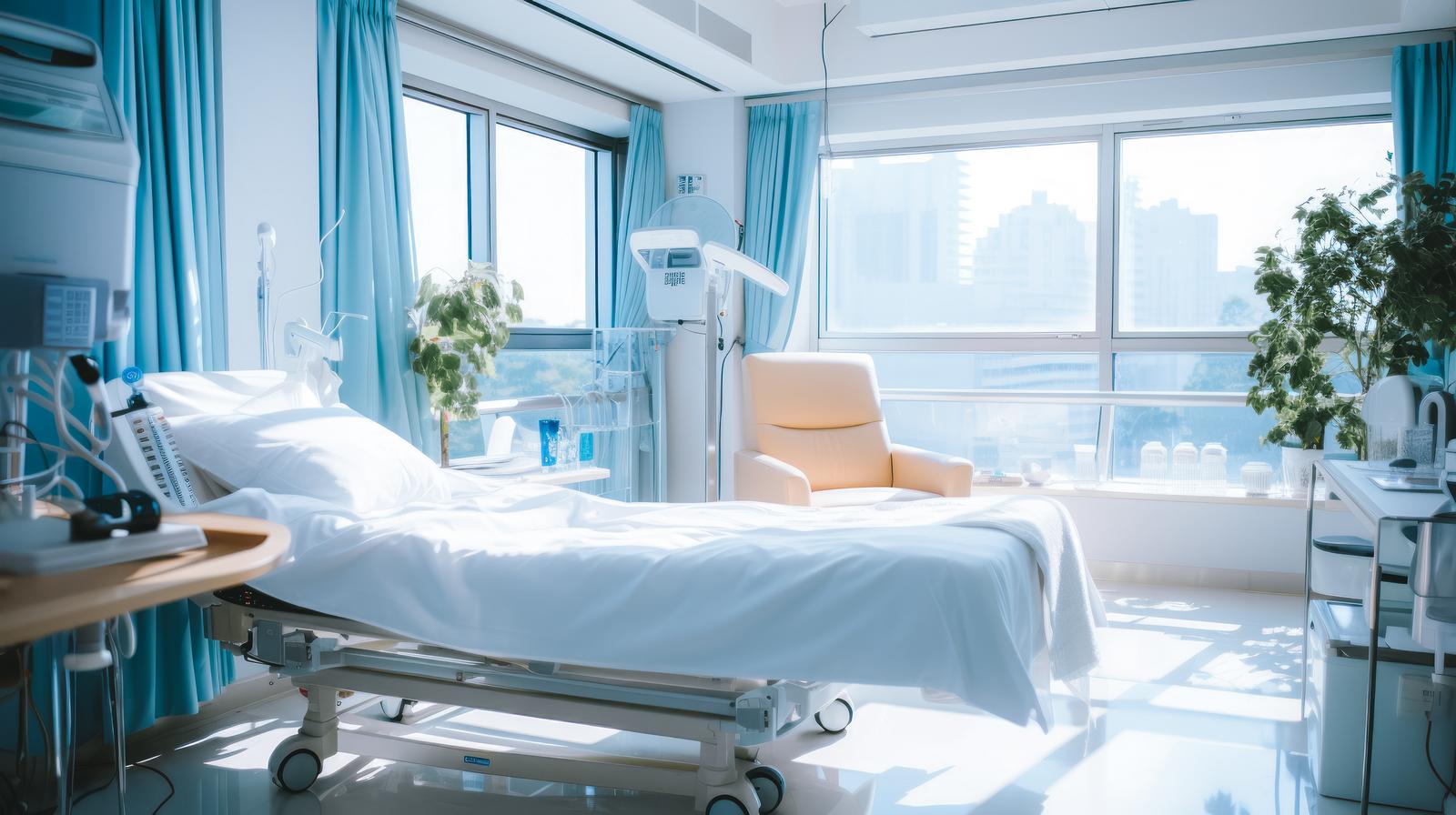 高層階の病室で医療機器に囲まれたベッド、窓からの自然光が明るく照らす