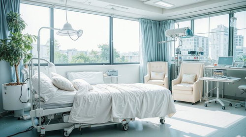 大きな窓から自然光が入る治療機器と病室のベッド