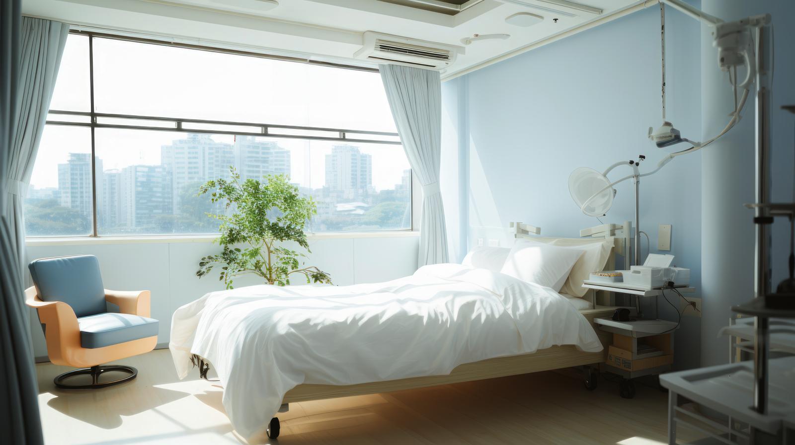 高層階から街が見える医療機器のある明るい病室