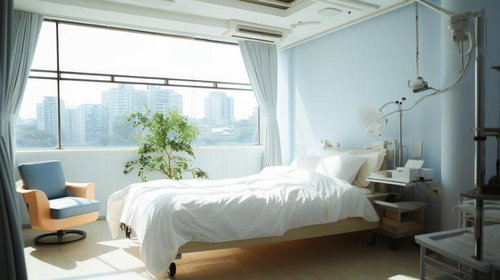 高層階の窓から街並みを望む医療機器が置かれた病室