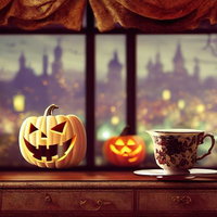 窓際に飾られたジャックランタンとティーカップのハロウィンの写真