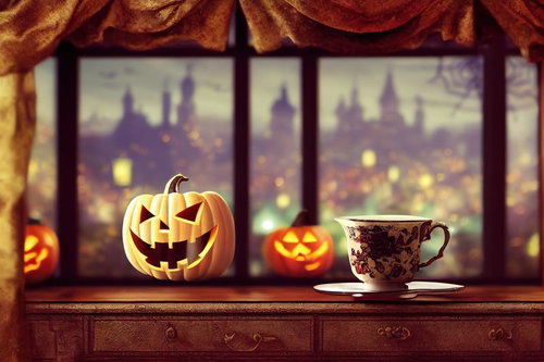 窓際に飾られたジャックランタンとティーカップのハロウィン