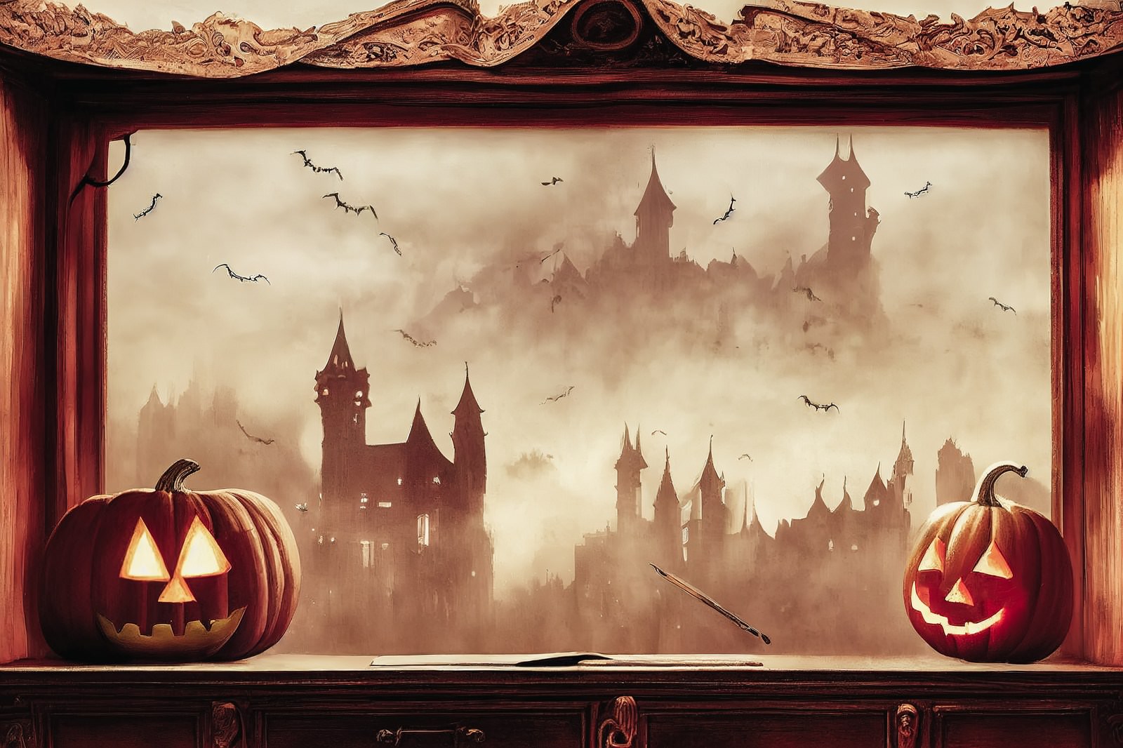 霧に包まれた古城を背景にオレンジ色のジャックランタンとコウモリが描かれたハロウィンのイラスト