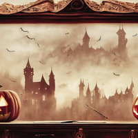 コウモリが舞う不気味な古城とジャックランタンのハロウィンの写真