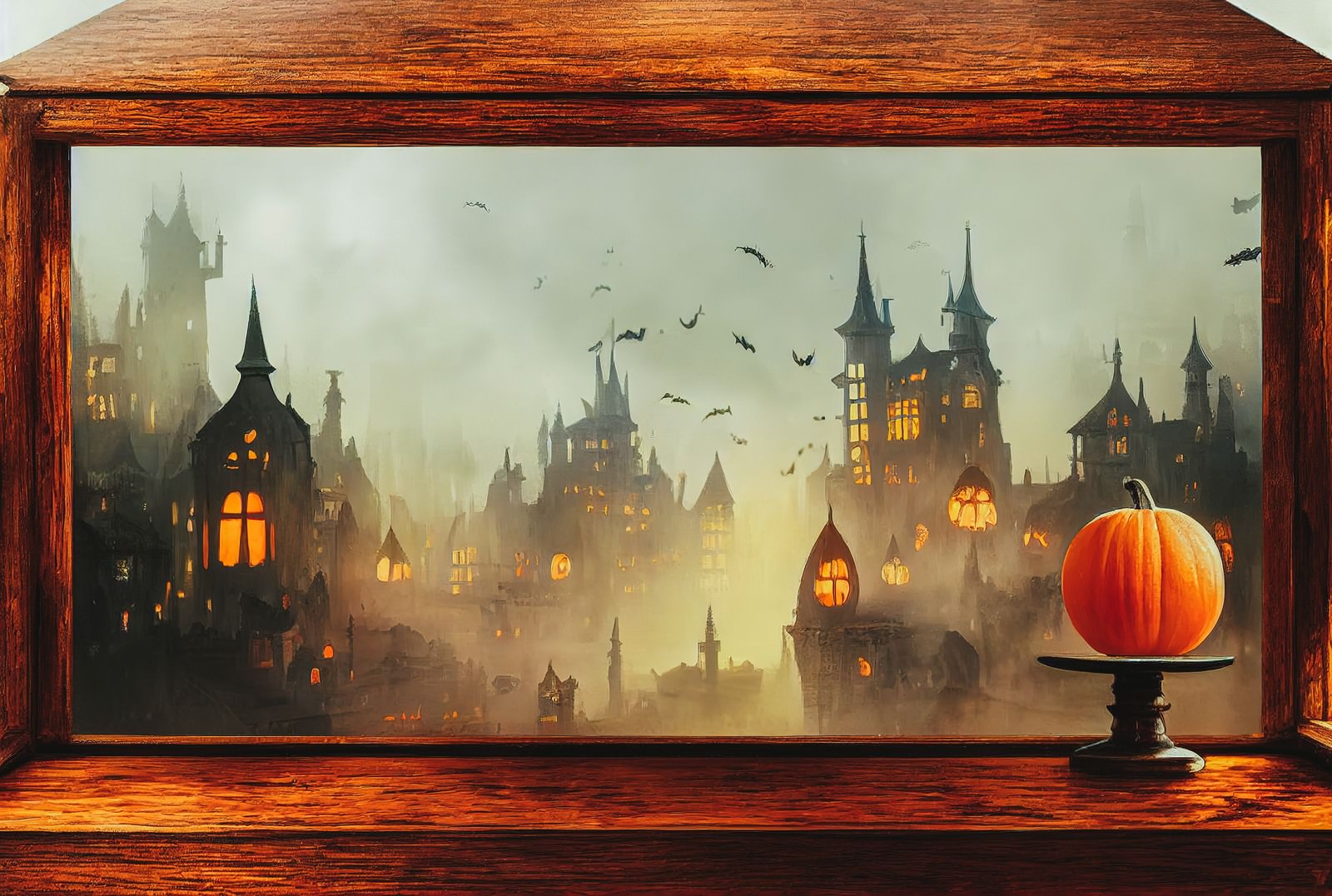 夕暮れの古城風建物群と光るジャックランタンのハロウィン風景