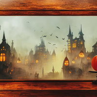 不気味な古城と光るジャックランタンが並ぶハロウィン風景の写真