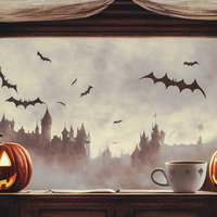 窓辺のコウモリが飛きかうキャッスルを眺めるジャックランタンの写真