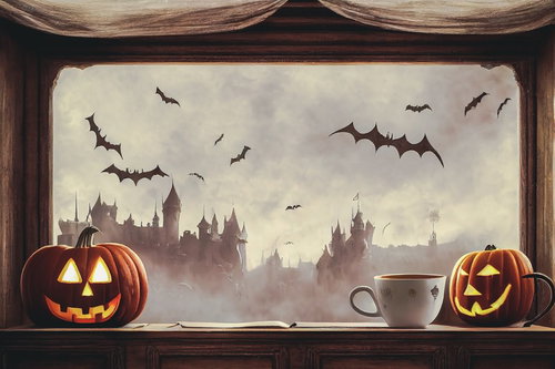 窓辺のコウモリが飛きかうキャッスルを眺めるジャックランタン