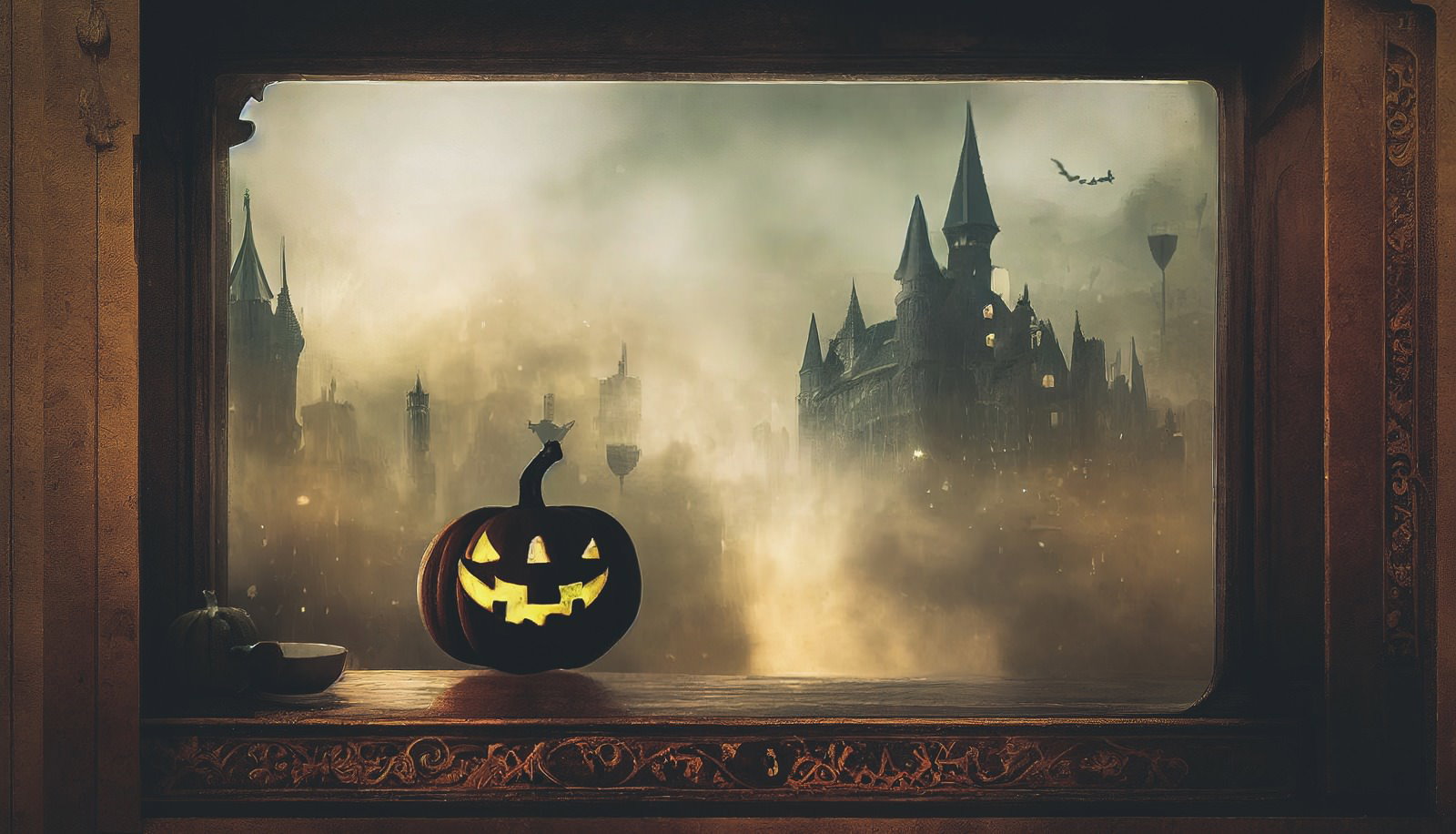 窓際で光るジャックランタンと古城風の建物