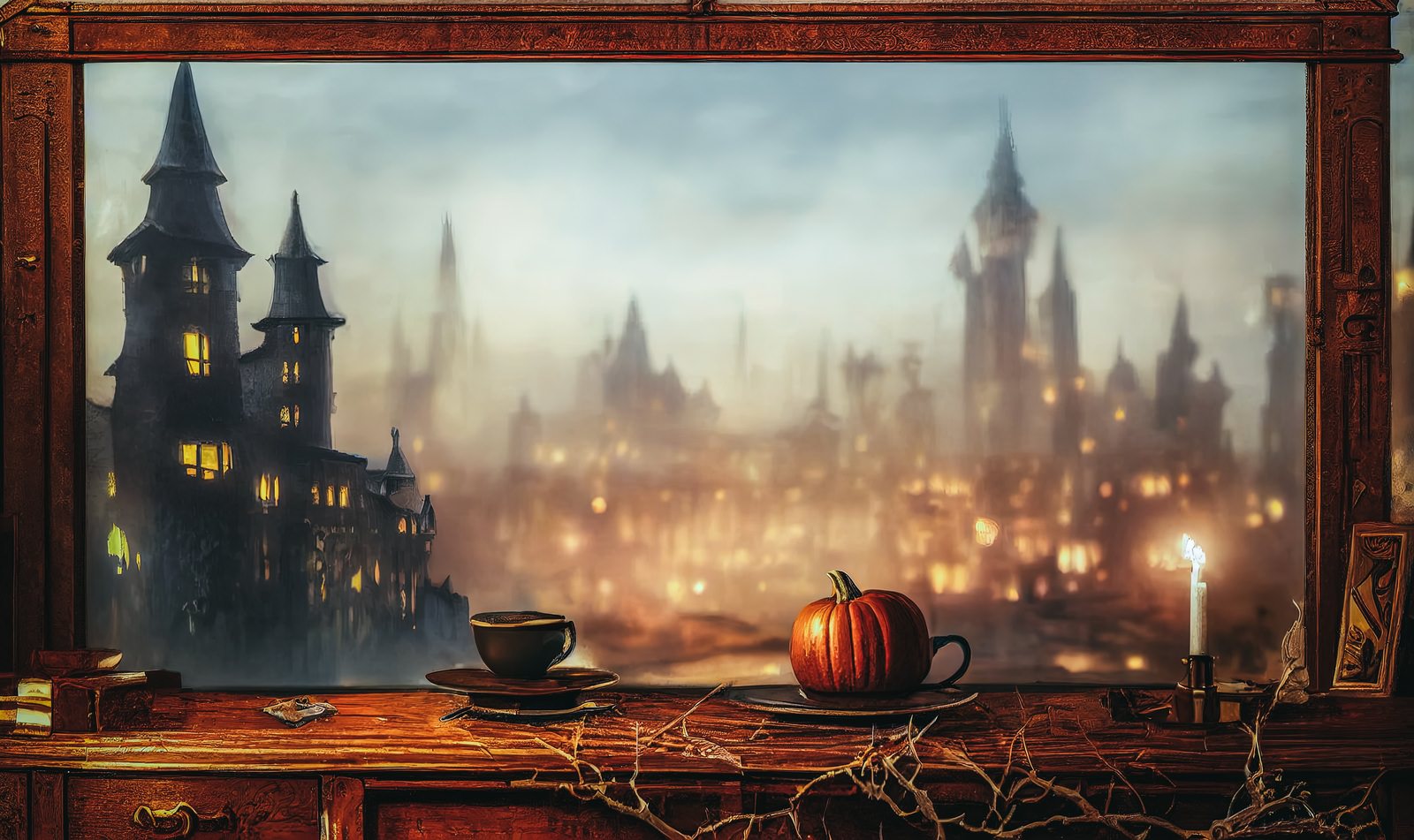 夜の古城を背景に窓辺に置かれたハロウィンかぼちゃとろうそく