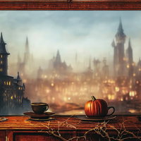古城の窓際に灯るハロウィンかぼちゃとろうそくの写真