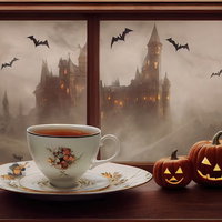 コウモリが飛びかう古城の窓際でティータイムを楽しむジャックランタンの写真