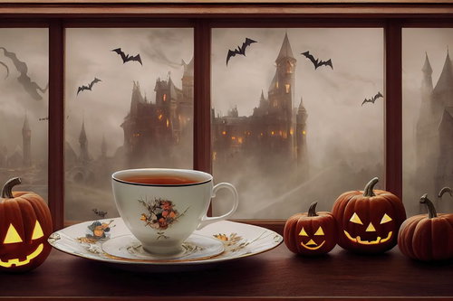 コウモリが飛びかう古城の窓際でティータイムを楽しむジャックランタン