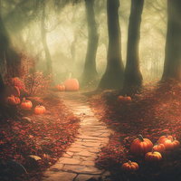 落葉とジャックランタンが並ぶ秋の森の小道の写真
