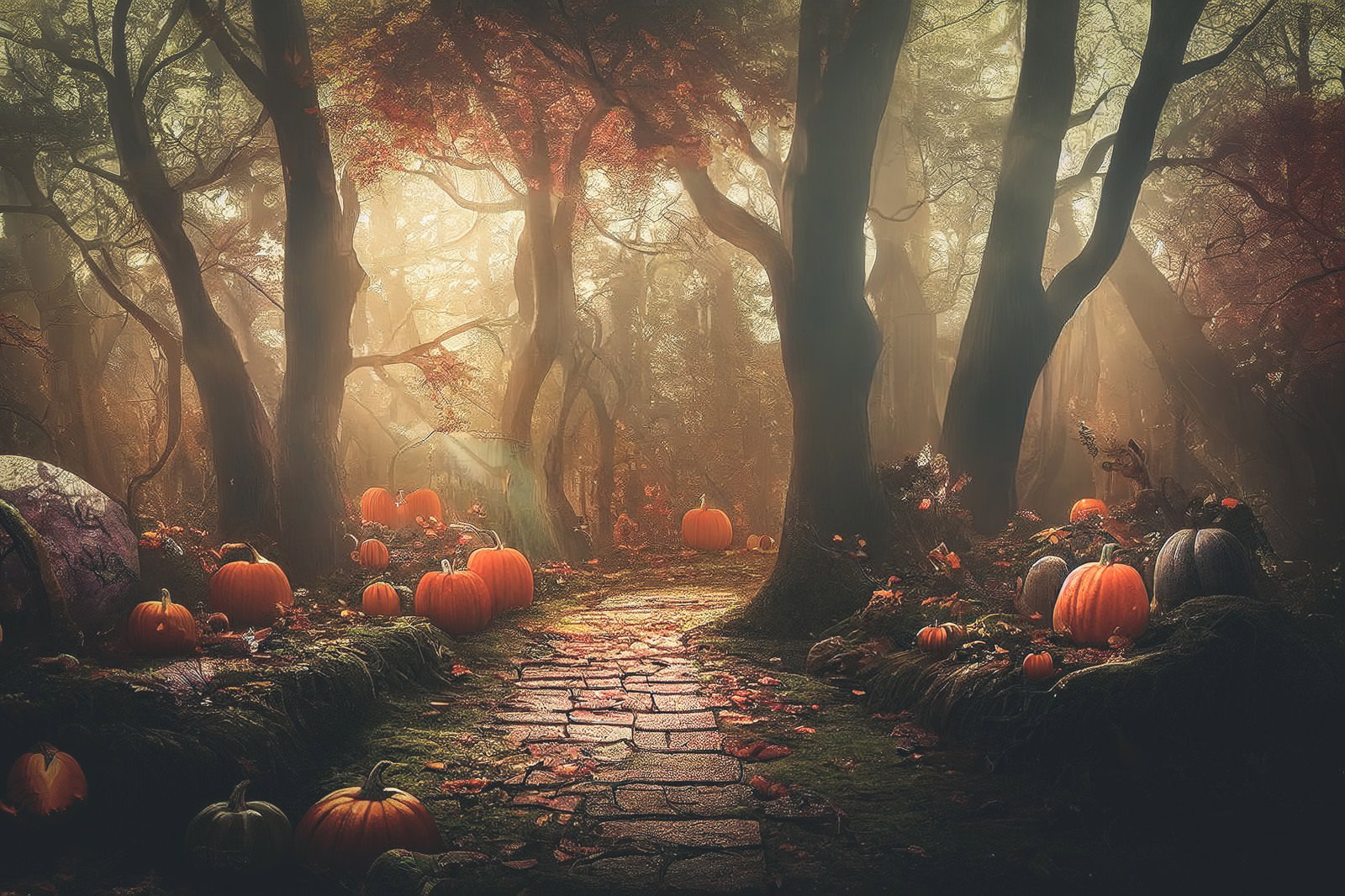 ハロウィンの森の石畳の小道とかぼちゃ