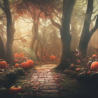 ハロウィンの森の石畳の小道とかぼちゃの写真