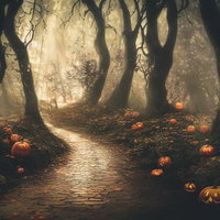 ジャックランタンが誘う不気味な怪しい森の薄暗い夜景の写真