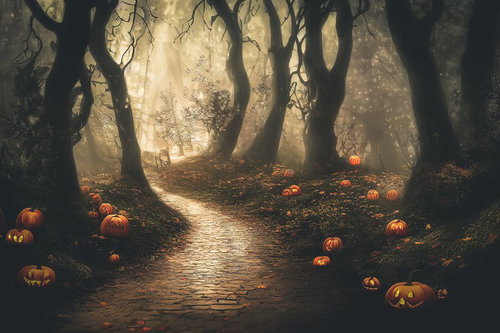 ジャックランタンが誘う不気味な怪しい森の薄暗い夜景