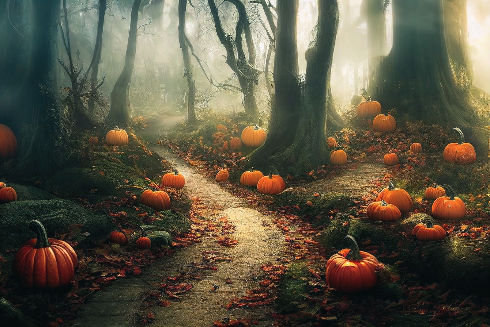 霧に包まれた森の小道にオレンジ色のかぼちゃが散らばるハロウィンの風景
