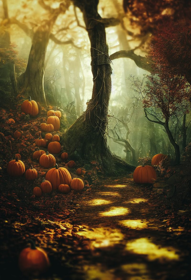 樹海の薄暗い森にオレンジ色のかぼちゃが点在するハロウィン風景