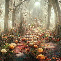 霧の中の森の石畳の小道の写真