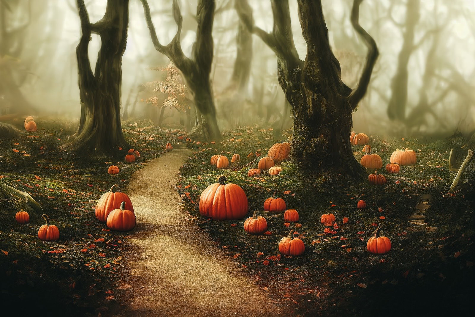 霧の立ち込める森の小道にオレンジ色のかぼちゃが散らばるハロウィンの風景