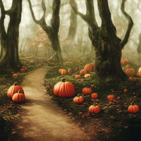 ハロウィン仕様の霧立ち込める森の小道とジャックオランタンの写真