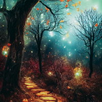 ハロウィンの夜の森と光る石畳の小道の写真
