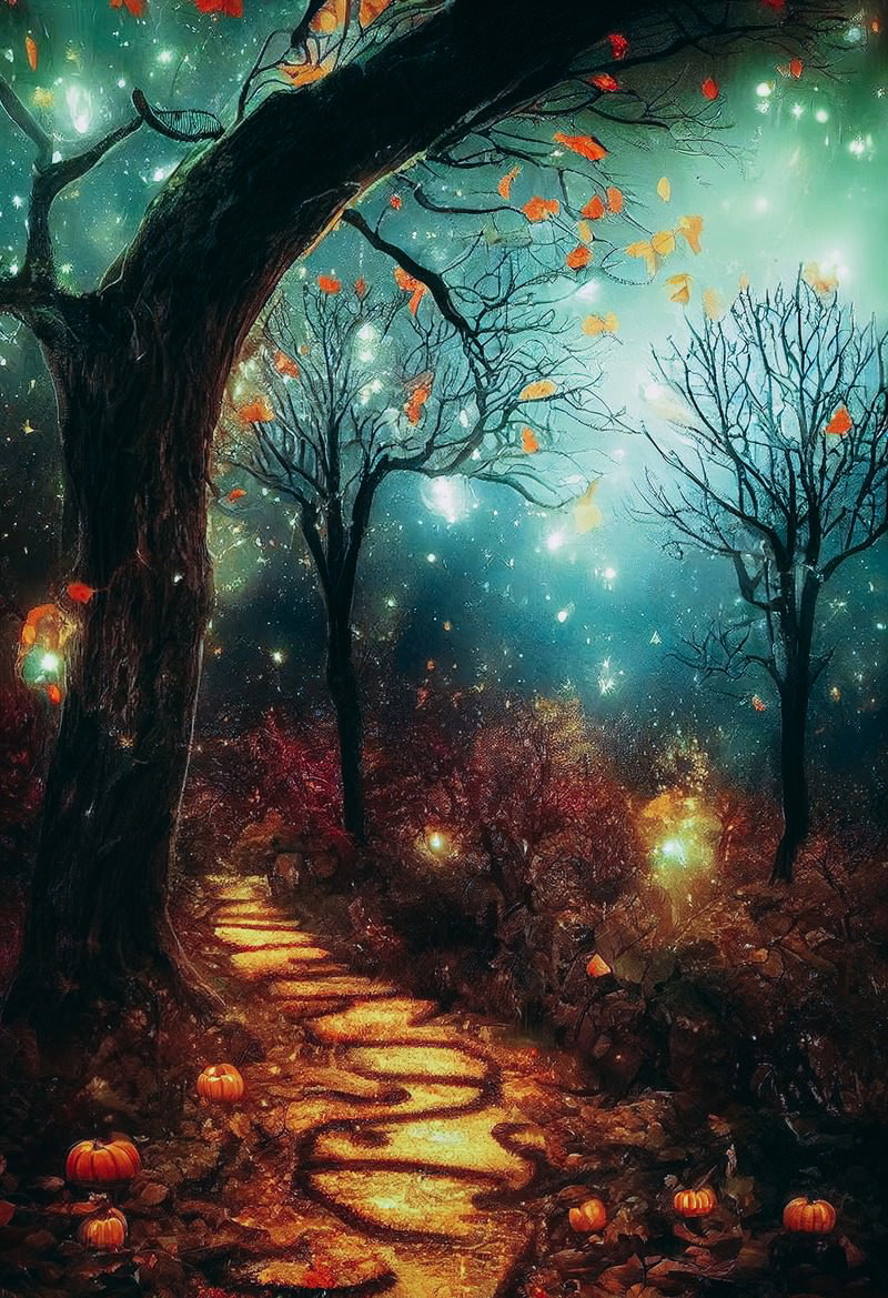 ハロウィンの夜の森と光る石畳の小道