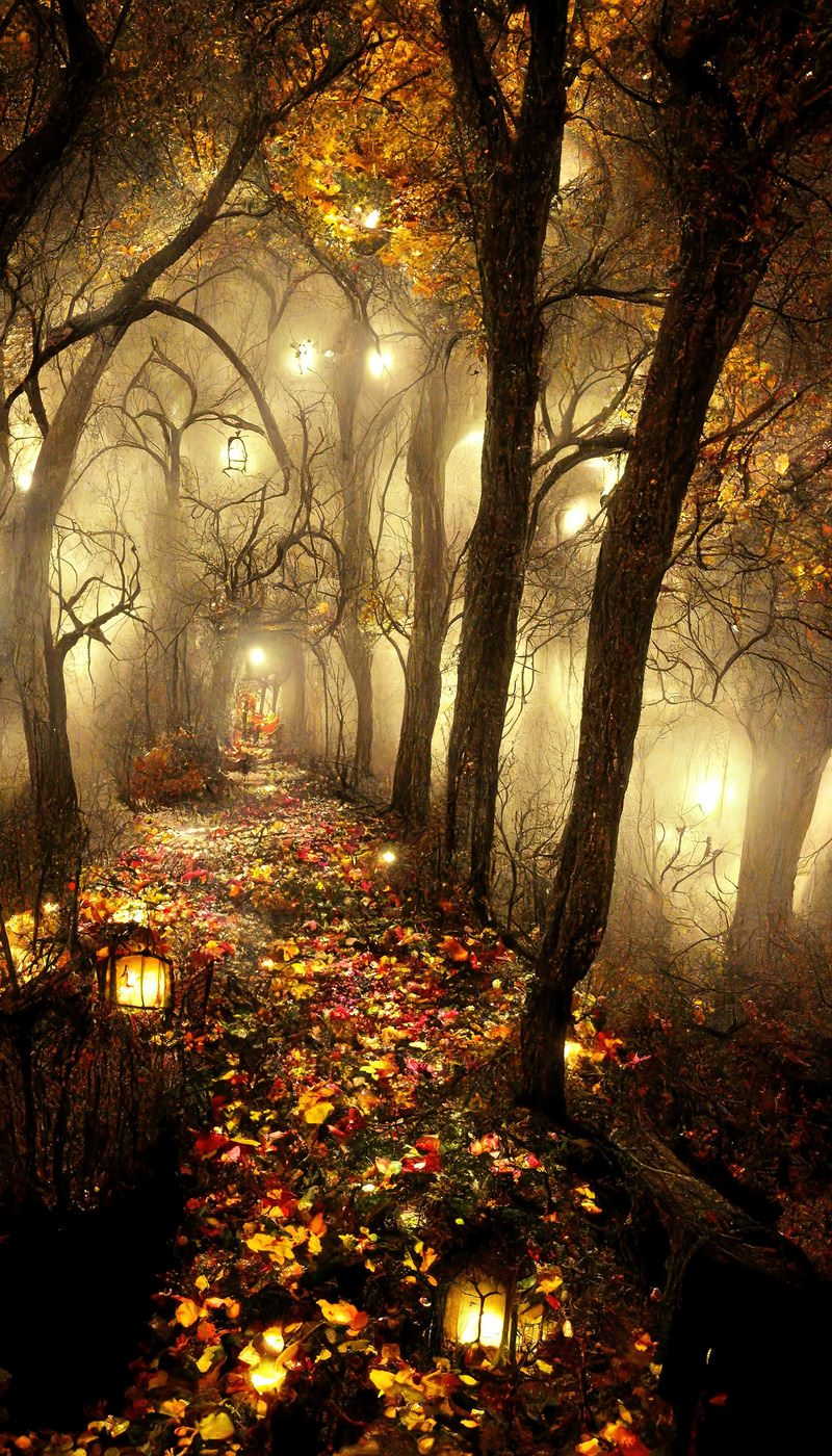 霧に包まれた森の小道にランタンの光が温かく照らす幻想的な風景