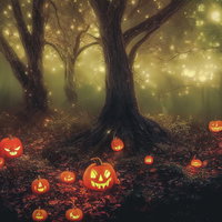 オレンジ色に光るジャックランタンが集う樹海の森の写真