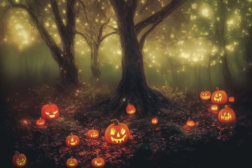 オレンジ色に光るジャックランタンが集う樹海の森