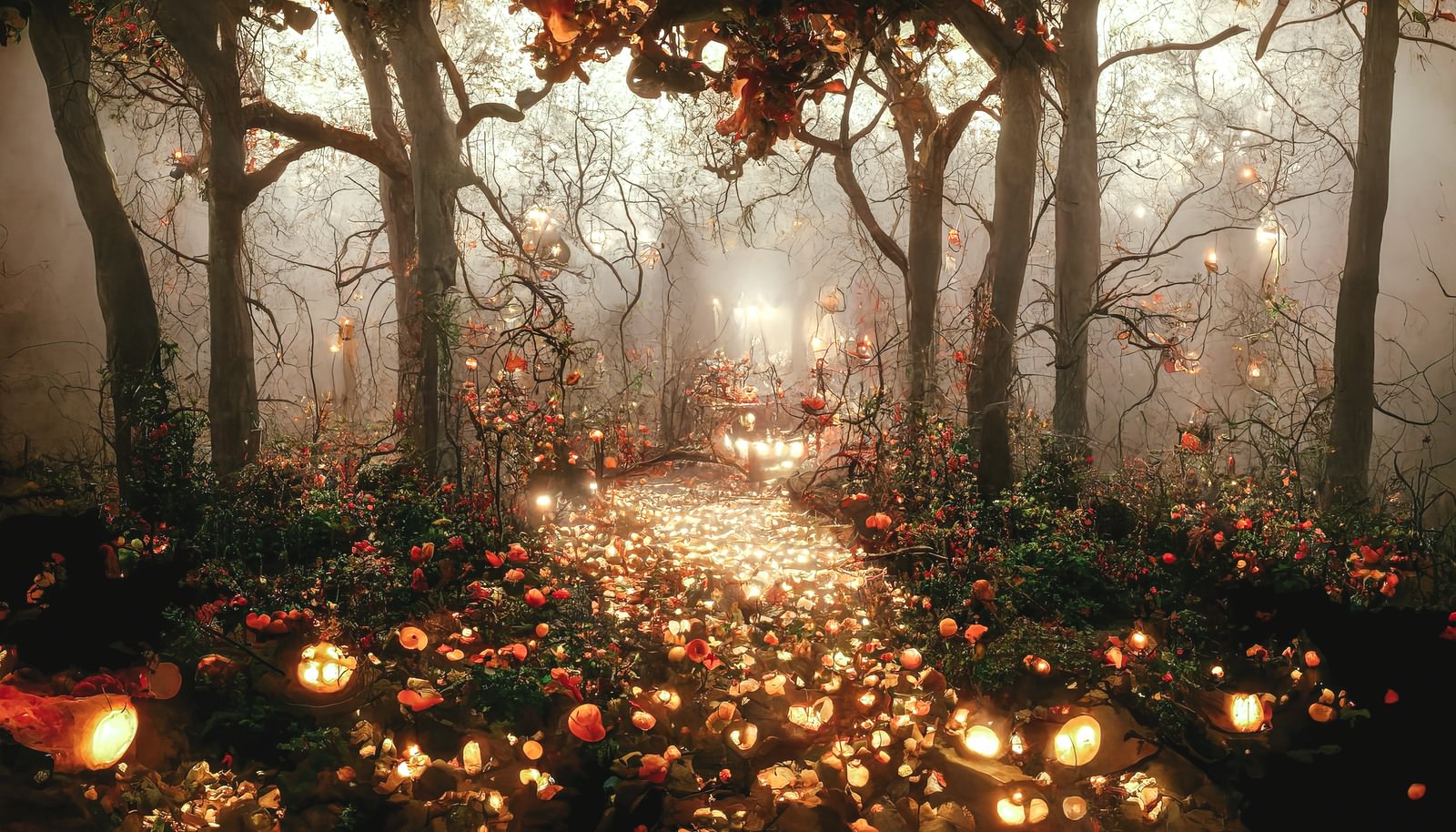 オレンジ色の光で照らされたハロウィン風の森