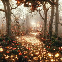 森のライトアップ、ハロウィン風のファンタジー演出の写真