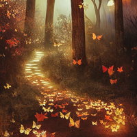 飛び交う落ち葉と蝶が舞う霧の樹海の幻想的な光景の写真